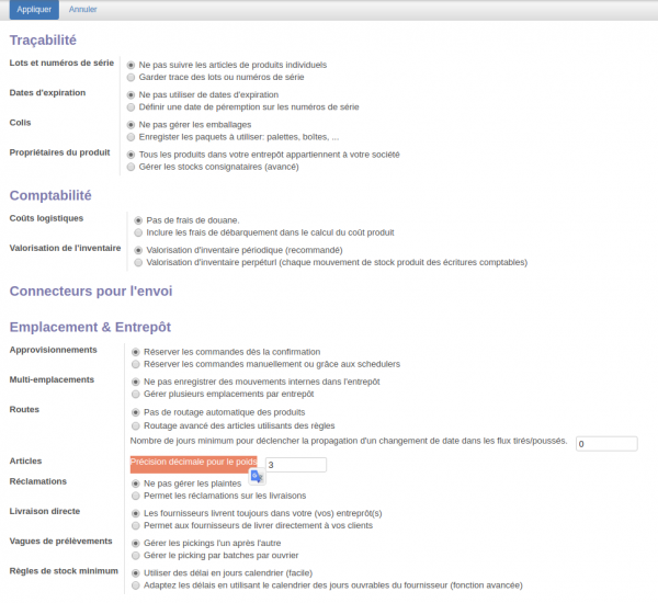 Configuration générale relative au stock